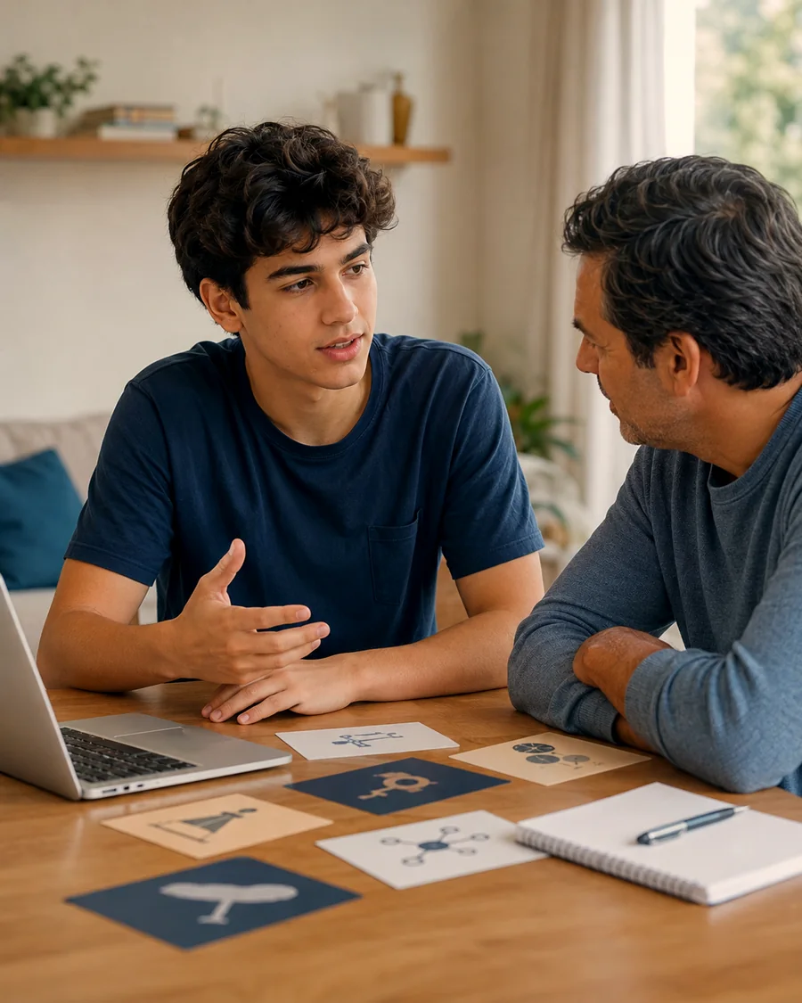 Un adolescente conversa con su padre sobre alternativas de carrera