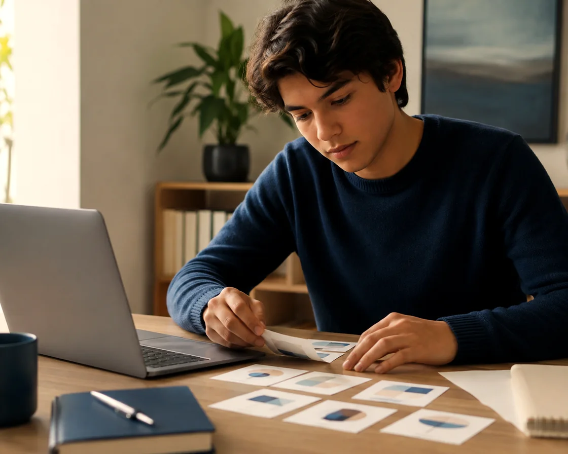 Un joven revisa sobre su escritorio distintas alternativas de carrera